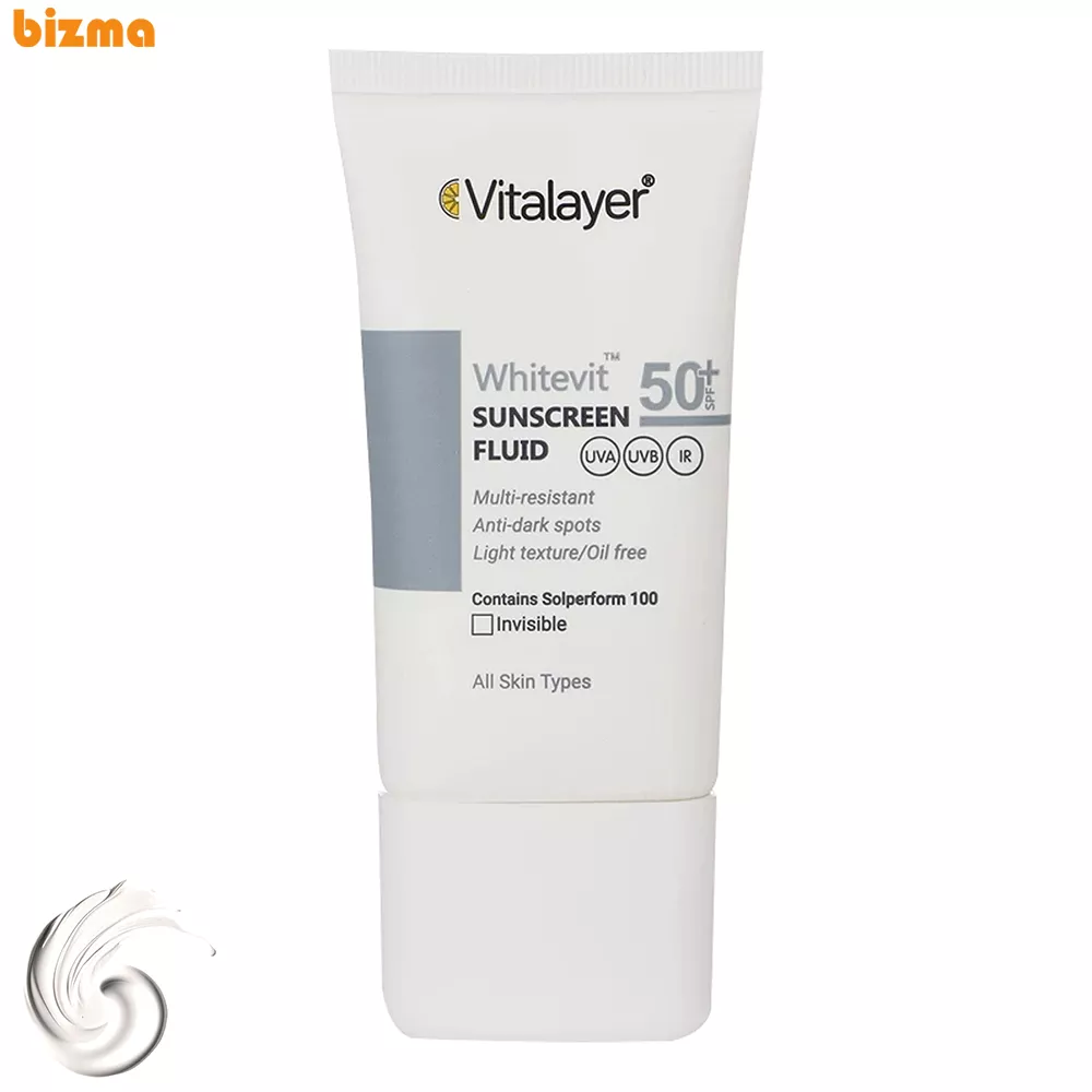 بهترین و پرفروش ترین ضد آفتاب ایرانی 2025 3 فلوئید ضدآفتاب بیرنگ ویتالیر SPF50 مدل Whitevit مناسب تیره و لک دار، حجم 50 میلیلیتر