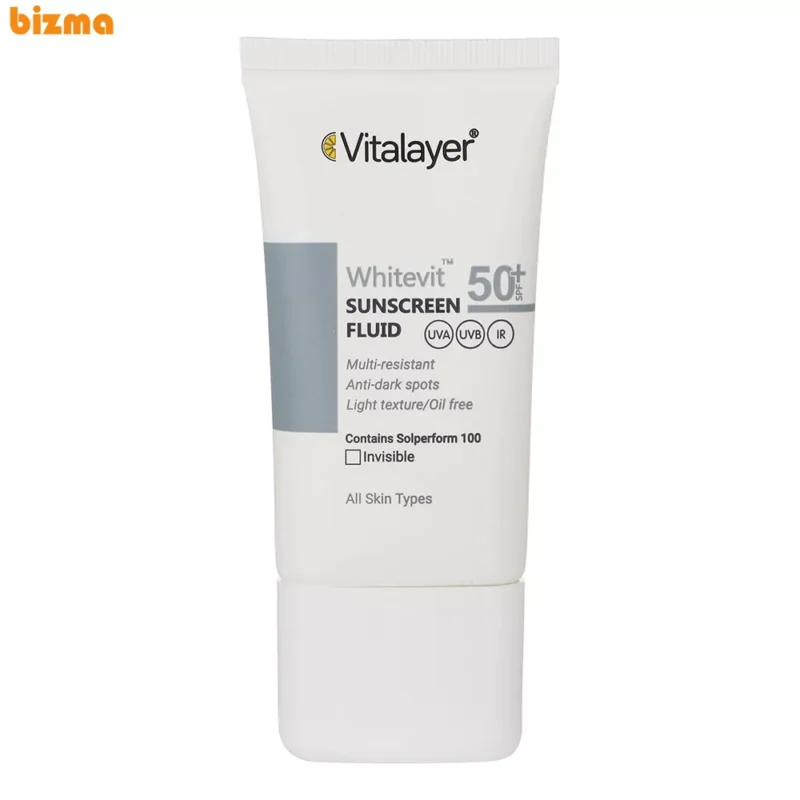 فلوئید ضدآفتاب بی‌رنگ ویتالیر SPF50 مدل Whitevit مناسب تیره و لک دار، حجم 50 میلی‌لیتر