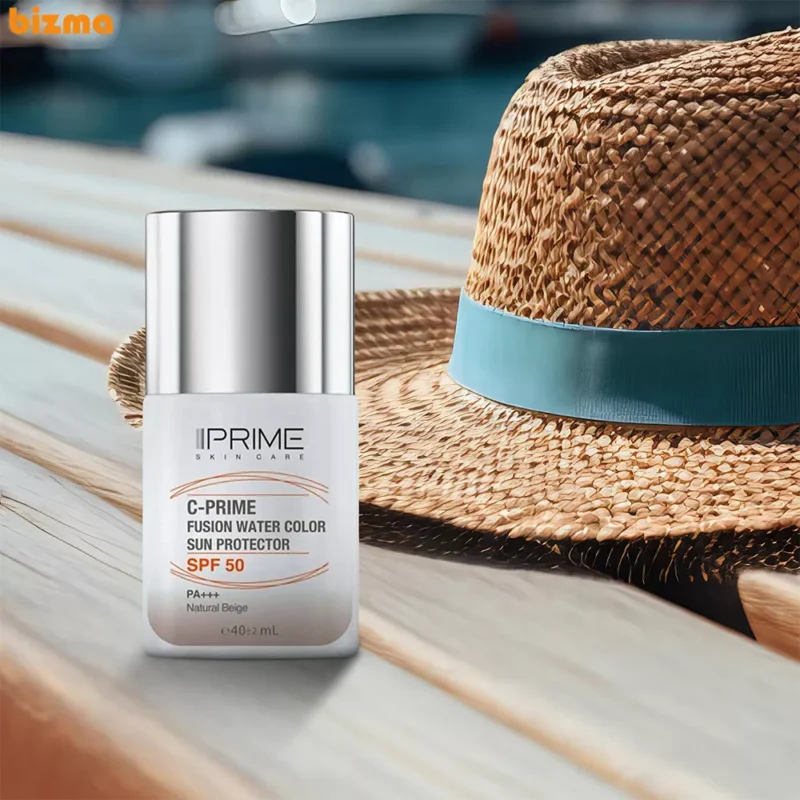 فلوئید ضد آفتاب رنگی پرایم، SPF 50، مدل فیوژن واتر، مناسب انواع پوست با تنالیته متوسط و حجم 40 میلی لیتر، محافظت‌کننده در برابر اشعه‌های PA++++ ،UVA ،UVB، دارای فرمولاسیون فاقد چربی، ویتامین سی و آنتی اکسیدان، با ماندگاری 4 ساعته