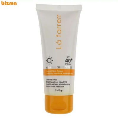 کرم ضد آفتاب بدون رنگ لافارر SPF 40 مدل مینرال ‌حاوی محافظ UVA و UVB و PA+++مناسب پوست‌های حساس حجم 40 میلی‌لیتر