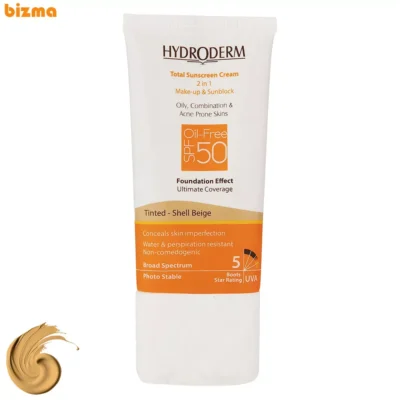 کرم ضد آفتاب رنگی SPF50 هیدرودرم بژ صدفی مناسب برای پوست چرب حجم 40 میلی لیتر