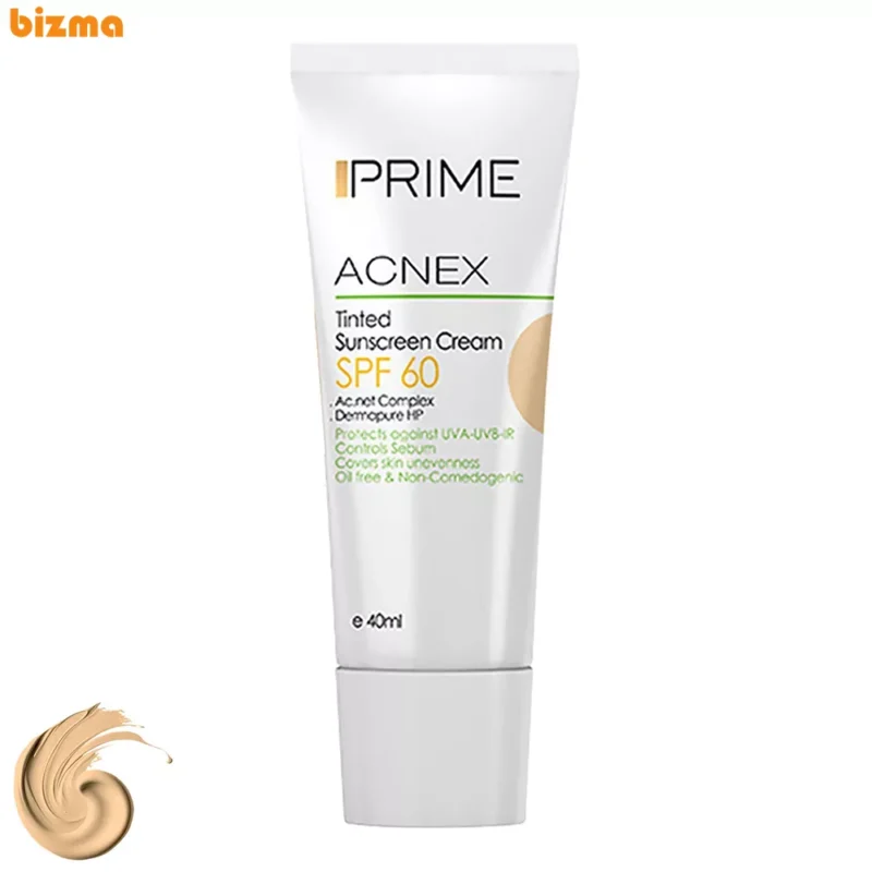کرم ضدآفتاب رنگی پرایم، 60 SPF، مدل 02، مناسب پوست چرب و مختلط تنالیته رنگ متوسط و حجم 40 میلی‌لیتر، محافظت کننده در برابر اشعه UVA،IRو UVB، کنترل کننده ترشح سبوم، فاقد چربی و غیر کومدون‌زا، +++PA، پوشش دهنده جای جوش، با ماندگاری 3 ساعته