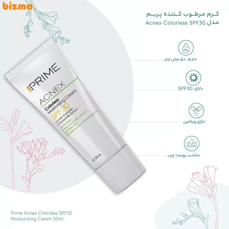 کرم مرطوب کننده بدون رنگ پرایم مدل Acnex SPF 30 حجم 50 میلی لیتر