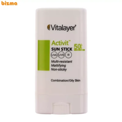ضد آفتاب استیکی بی‌رنگ ویتالیر SPF 50 مدل اکتیویت ‌محافظ UVA،UVB,IR مناسب پوست‌های مختلط و چرب وزن 15 گرم