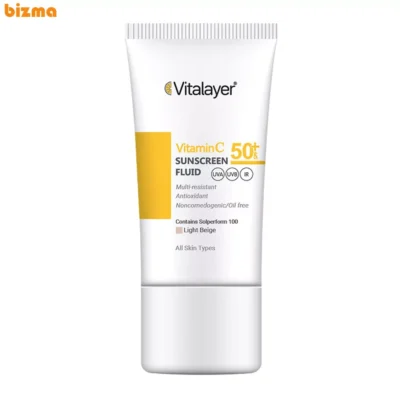 فلوئید ضدآفتاب رنگی ویتالیر، 50 SPF، مدل Vitamin C، مناسب انواع پوست تنالیته رنگ متوسط و حجم 50 میلی‌لیتر، ضد آب، محافظت کننده در برابر اشعه UVA، UVB، IR، آنتی‌اکسیدان، فاقد چربی و پارابن، ضد لک، آبرسان، دارای فرمولاسیون غیرکومدون‌زا، با ماندگاری 2 ساعته